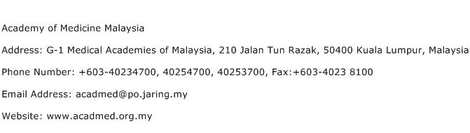 Academy of Medicine Malaysia Address Contact Number