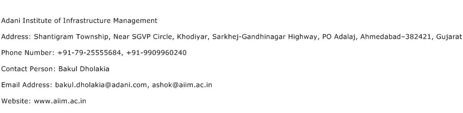 Adani Institute of Infrastructure Management Address Contact Number