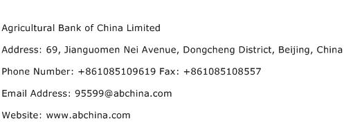 Agricultural Bank of China Limited Address Contact Number