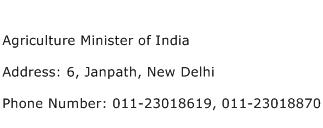 Agriculture Minister of India Address Contact Number