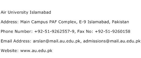 Air University Islamabad Address Contact Number