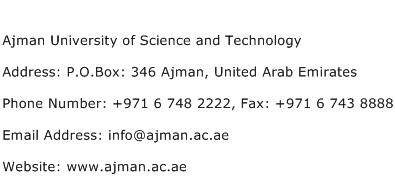 Ajman University of Science and Technology Address Contact Number