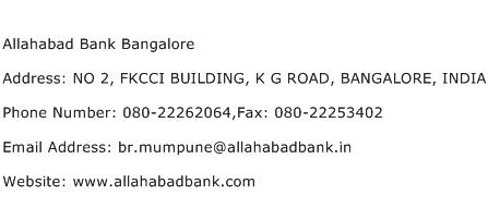 Allahabad Bank Bangalore Address Contact Number