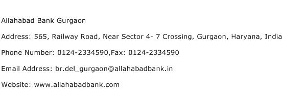 Allahabad Bank Gurgaon Address Contact Number