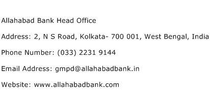 Allahabad Bank Head Office Address Contact Number