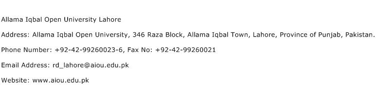 Allama Iqbal Open University Lahore Address Contact Number