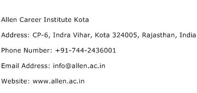 Allen Career Institute Kota Address Contact Number