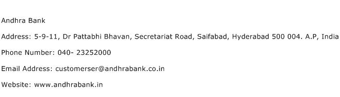 Andhra Bank Address Contact Number