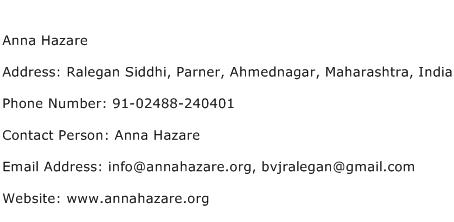 Anna Hazare Address Contact Number