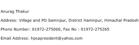 Anurag Thakur Address Contact Number