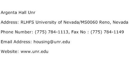 Argenta Hall Unr Address Contact Number