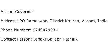 Assam Governor Address Contact Number