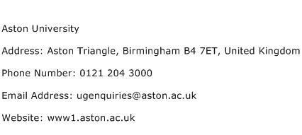 Aston University Address Contact Number
