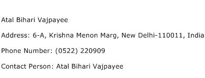 Atal Bihari Vajpayee Address Contact Number