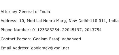 Attorney General of India Address Contact Number