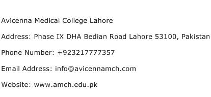 Avicenna Medical College Lahore Address Contact Number