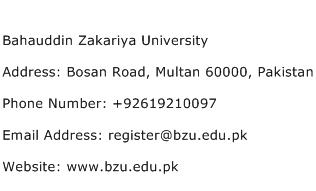 Bahauddin Zakariya University Address Contact Number