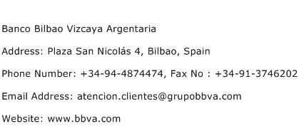 Banco Bilbao Vizcaya Argentaria Address Contact Number
