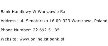 Bank Handlowy W Warszawie Sa Address Contact Number