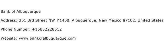 Bank of Albuquerque Address Contact Number