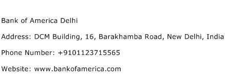 Bank of America Delhi Address Contact Number