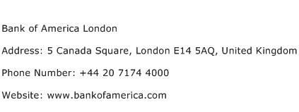 Bank of America London Address Contact Number