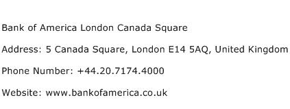 Bank of America London Canada Square Address Contact Number