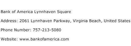 Bank of America Lynnhaven Square Address Contact Number
