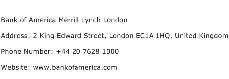 Bank of America Merrill Lynch London Address Contact Number