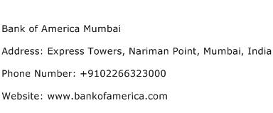 Bank of America Mumbai Address Contact Number