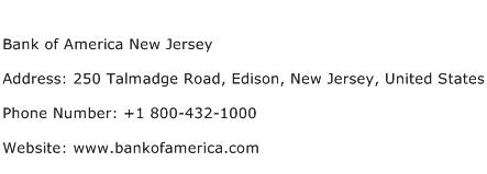 Bank of America New Jersey Address Contact Number