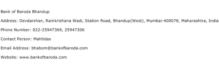 Bank of Baroda Bhandup Address Contact Number