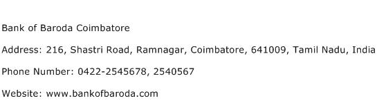 Bank of Baroda Coimbatore Address Contact Number