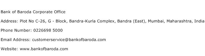 Bank of Baroda Corporate Office Address Contact Number