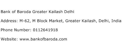 Bank of Baroda Greater Kailash Delhi Address Contact Number