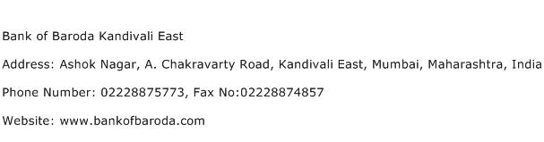 Bank of Baroda Kandivali East Address Contact Number