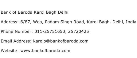 Bank of Baroda Karol Bagh Delhi Address Contact Number