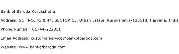 Bank of Baroda Kurukshetra Address Contact Number