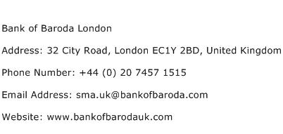 Bank of Baroda London Address Contact Number
