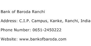 Bank of Baroda Ranchi Address Contact Number