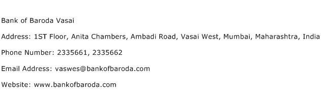Bank of Baroda Vasai Address Contact Number