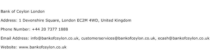 Bank of Ceylon London Address Contact Number