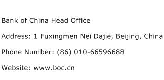 Bank of China Head Office Address Contact Number