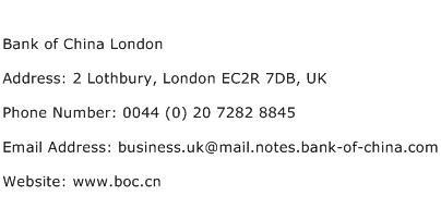 Bank of China London Address Contact Number