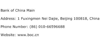 Bank of China Main Address Contact Number