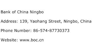 Bank of China Ningbo Address Contact Number