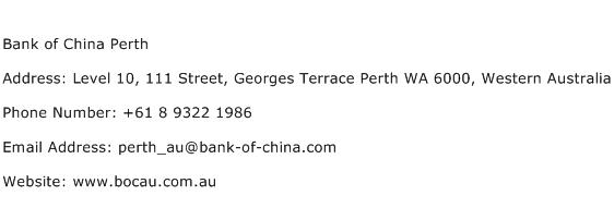 Bank of China Perth Address Contact Number