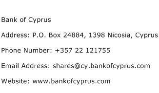 Bank of Cyprus Address Contact Number
