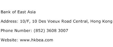 Bank of East Asia Address Contact Number