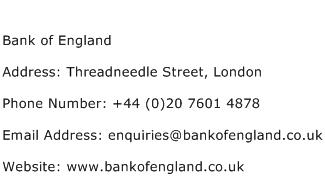 Bank of England Address Contact Number